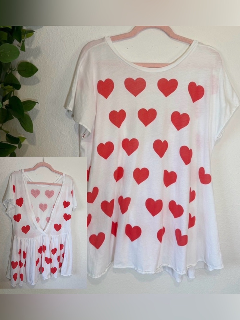 Wildfox Couture Heart Print Open Back Oversized Peplum Tee Size Large White Red